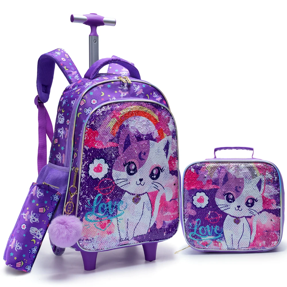 3PCS Kids Travel Bag, Luggage Bag, Bookbag with Wheels, with Lunch Box And Pen Bag, Cartoon Cat Sequin