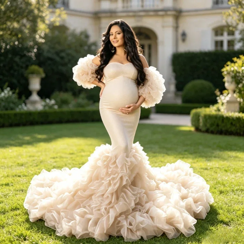 Mermaid Maternity Gown with Sweetheart Neck & Long Train – Fitted Pregnancy Dress for Baby Shower & Studio Photography