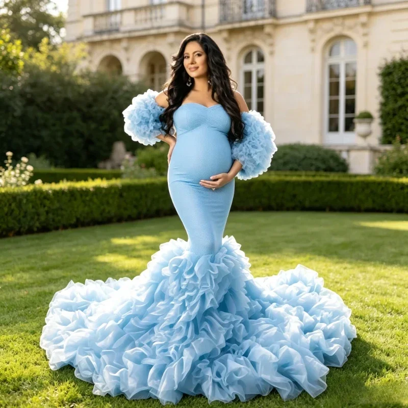 Mermaid Maternity Gown with Sweetheart Neck & Long Train – Fitted Pregnancy Dress for Baby Shower & Studio Photography
