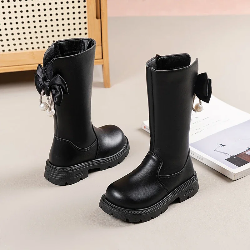 Mumoresip Kids Winter Plush Boots Princess Bow Pearl Decor Girls Outdoor Long Boots Thick Soled Fashion Children Warm High Boots