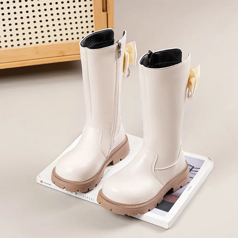Mumoresip Kids Winter Plush Boots Princess Bow Pearl Decor Girls Outdoor Long Boots Thick Soled Fashion Children Warm High Boots