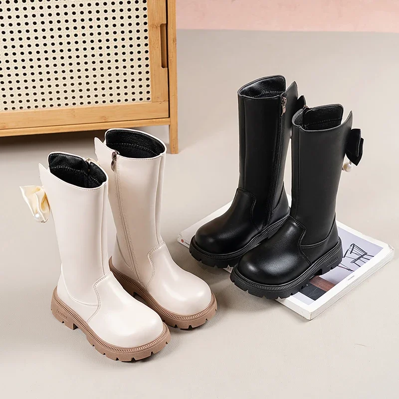 Mumoresip Kids Winter Plush Boots Princess Bow Pearl Decor Girls Outdoor Long Boots Thick Soled Fashion Children Warm High Boots