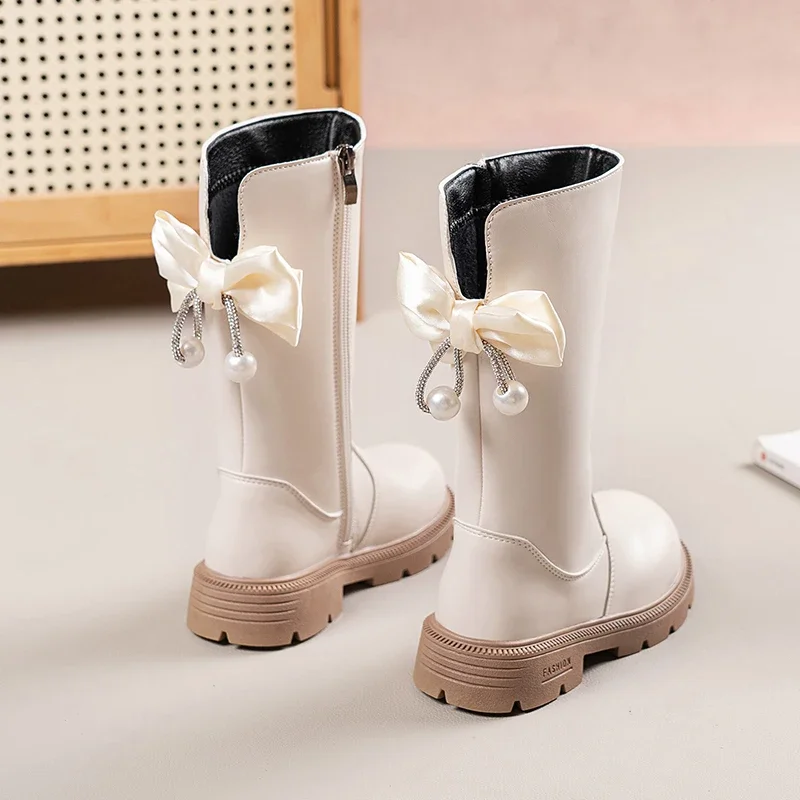 Mumoresip Kids Winter Plush Boots Princess Bow Pearl Decor Girls Outdoor Long Boots Thick Soled Fashion Children Warm High Boots