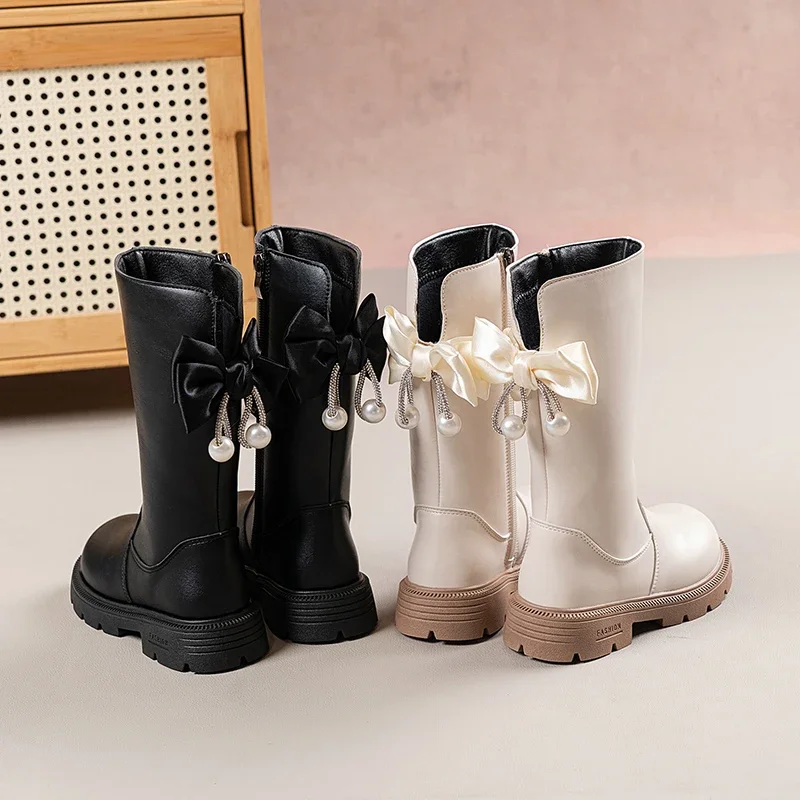 Mumoresip Kids Winter Plush Boots Princess Bow Pearl Decor Girls Outdoor Long Boots Thick Soled Fashion Children Warm High Boots