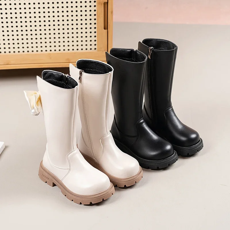Mumoresip Kids Winter Plush Boots Princess Bow Pearl Decor Girls Outdoor Long Boots Thick Soled Fashion Children Warm High Boots
