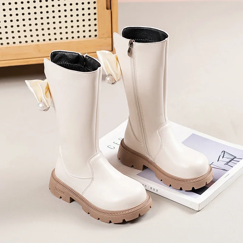 Mumoresip Kids Winter Plush Boots Princess Bow Pearl Decor Girls Outdoor Long Boots Thick Soled Fashion Children Warm High Boots