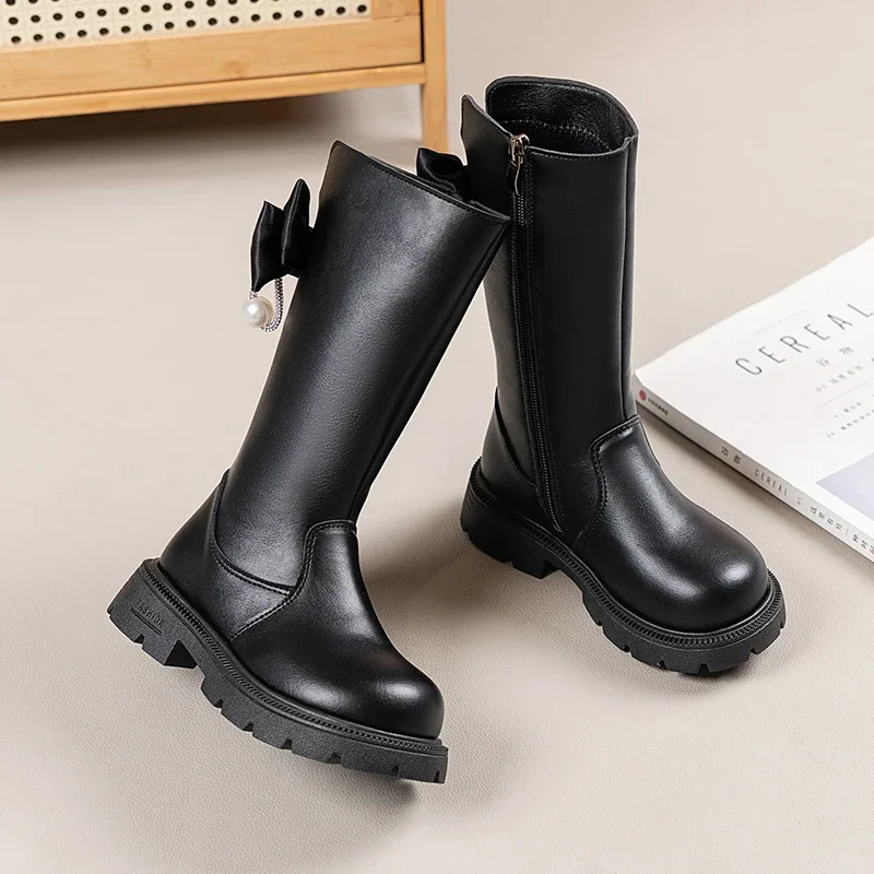 Mumoresip Kids Winter Plush Boots Princess Bow Pearl Decor Girls Outdoor Long Boots Thick Soled Fashion Children Warm High Boots