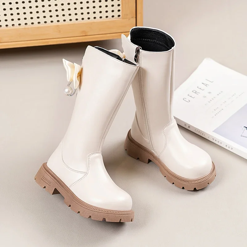 Mumoresip Kids Winter Plush Boots Princess Bow Pearl Decor Girls Outdoor Long Boots Thick Soled Fashion Children Warm High Boots