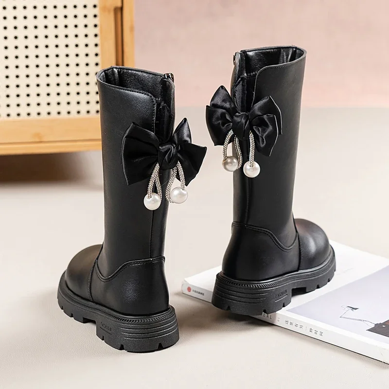 Mumoresip Kids Winter Plush Boots Princess Bow Pearl Decor Girls Outdoor Long Boots Thick Soled Fashion Children Warm High Boots