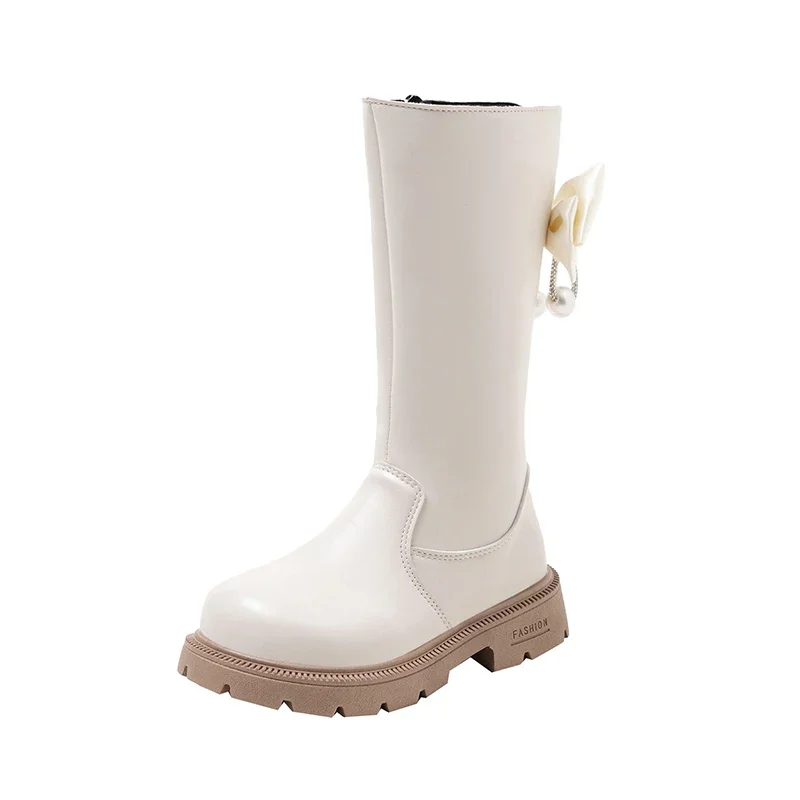 Mumoresip Kids Winter Plush Boots Princess Bow Pearl Decor Girls Outdoor Long Boots Thick Soled Fashion Children Warm High Boots