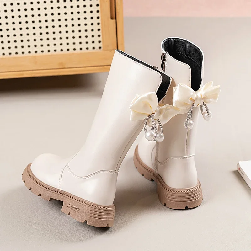 Mumoresip Kids Winter Plush Boots Princess Bow Pearl Decor Girls Outdoor Long Boots Thick Soled Fashion Children Warm High Boots