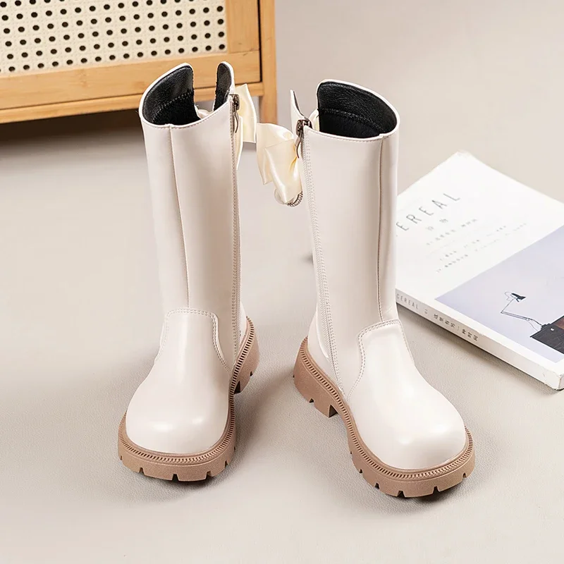 Mumoresip Kids Winter Plush Boots Princess Bow Pearl Decor Girls Outdoor Long Boots Thick Soled Fashion Children Warm High Boots