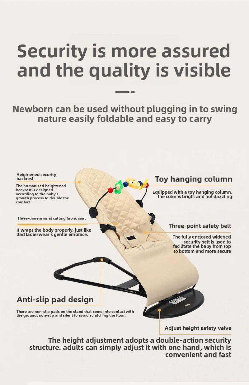Baby Bouncer 3-in-1 Rocker and Recliner for Newborns to Toddlers, Natural Swing Ergonomic Infant Rocking Chair with 3-Point Safety Belt, Detachable Washable Cotton Cover, Compact Foldable Storage