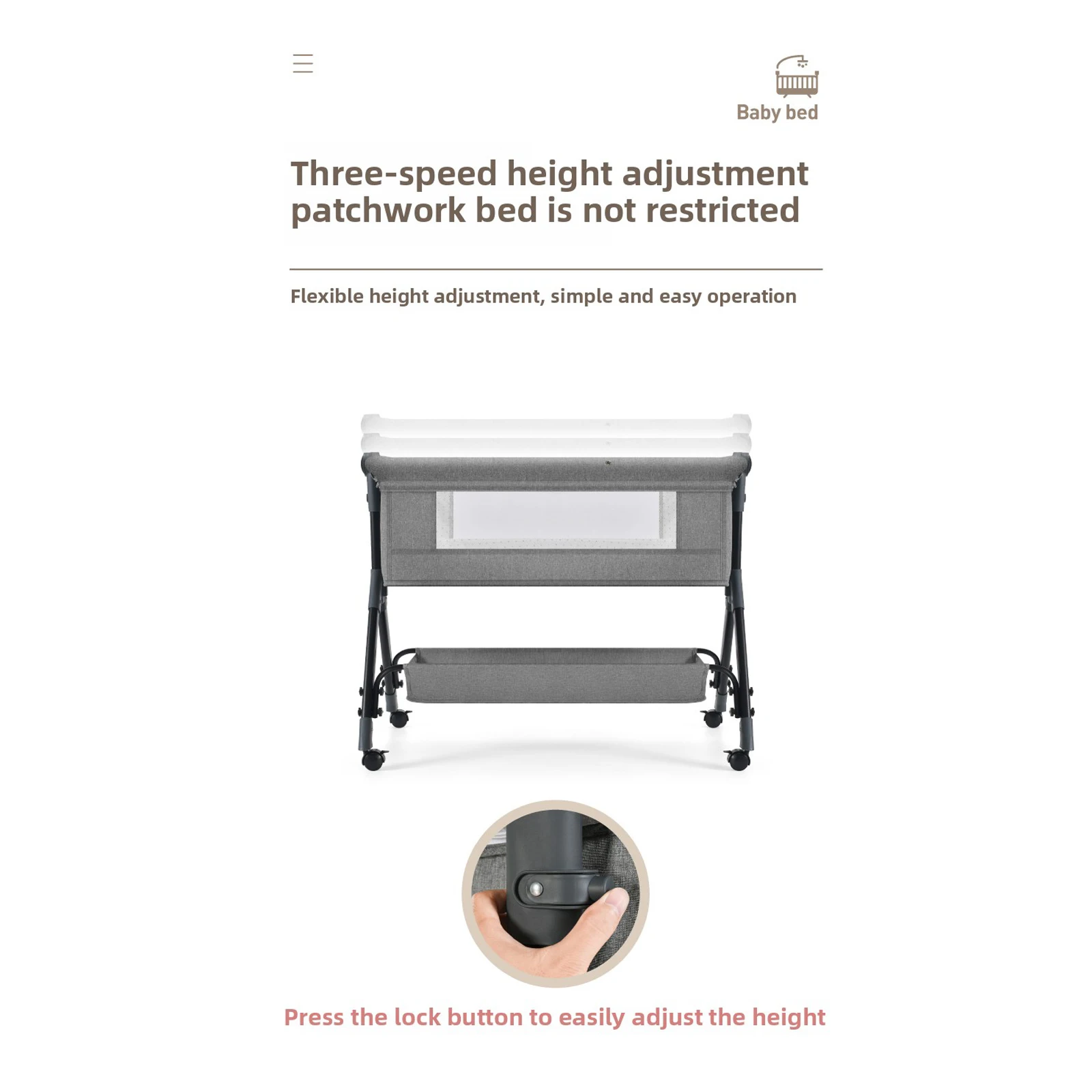 Baby Crib Foldable Portable Non Electric with Adjustable Height and Breathable Mesh Bedside Bassinet Rocking Cradle for Newborn Infant Sleep with Mattress Mosquito Net Wheels Manual Rocking Nursery Bedroom Travel Essential