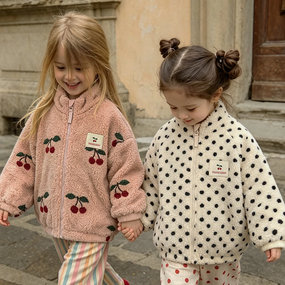 Boys and Girls Autumn/Winter Lambswool Polka Cherry Coat Dog Jacket KS AW Women's Love Fury Warm Coat Children's Coat