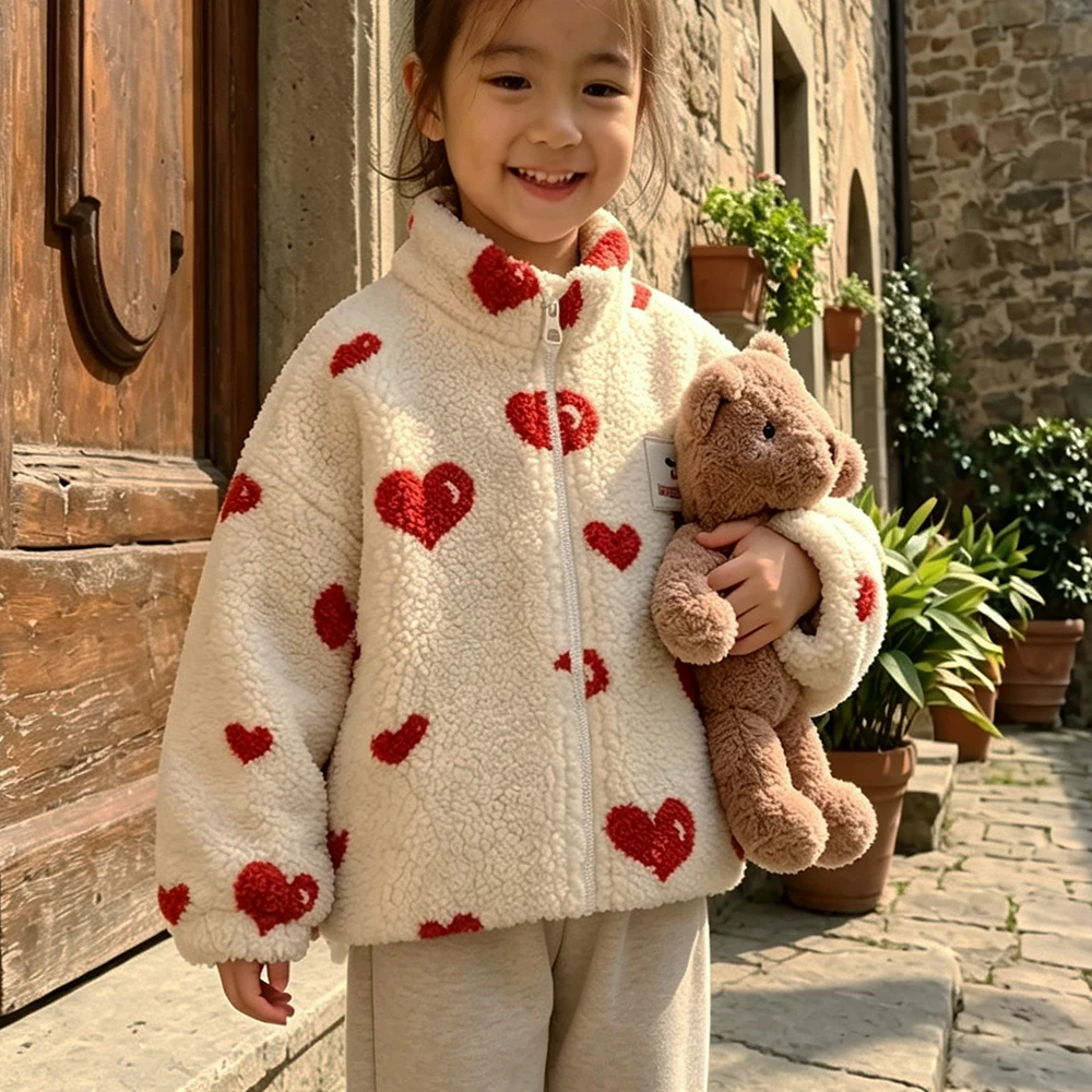 Boys and Girls Autumn/Winter Lambswool Polka Cherry Coat Dog Jacket KS AW Women's Love Fury Warm Coat Children's Coat