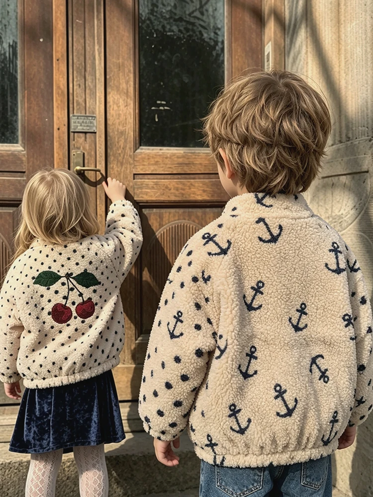 Boys and Girls Autumn/Winter Lambswool Polka Cherry Coat Dog Jacket KS AW Women's Love Fury Warm Coat Children's Coat