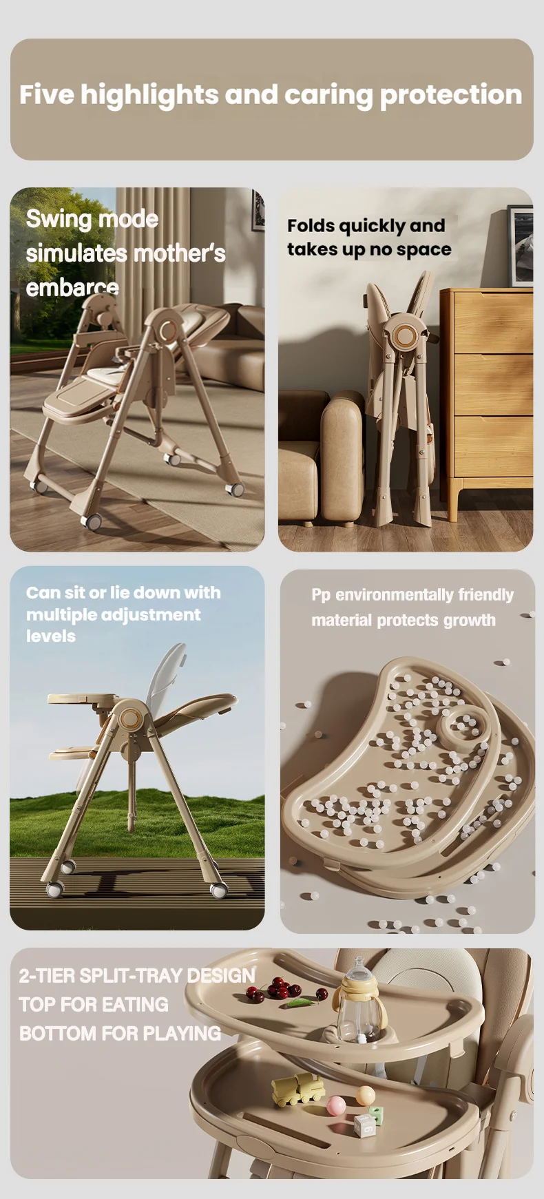 Adjustable Baby High Chair Foldable Infant Dining Seat Removable 2 Tier Split Tray Eating Playing Surface Portable Newborn Rocking Chair Easy Clean Eco Friendly PP Material Feeding