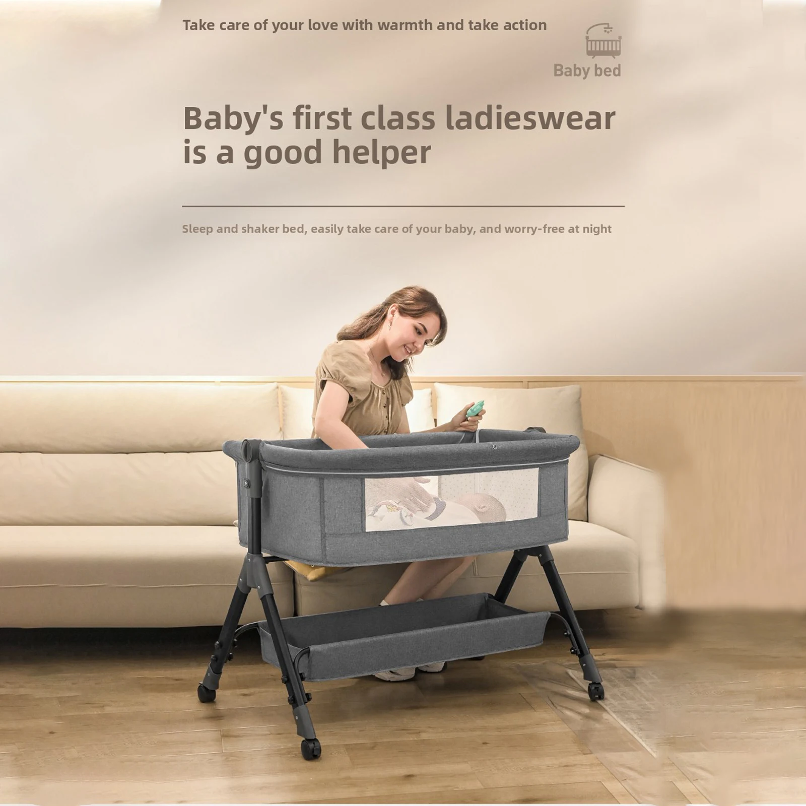 Baby Bassinet Adjustable Height Gentle Rocking Breathable Mesh Foldable Design Bedside Sleeper Portable Baby Crib with Mosquito Net Mattress Storage Basket for Newborn Infant Nursery Home Travel Sleep Baby Essentials Daily Care
