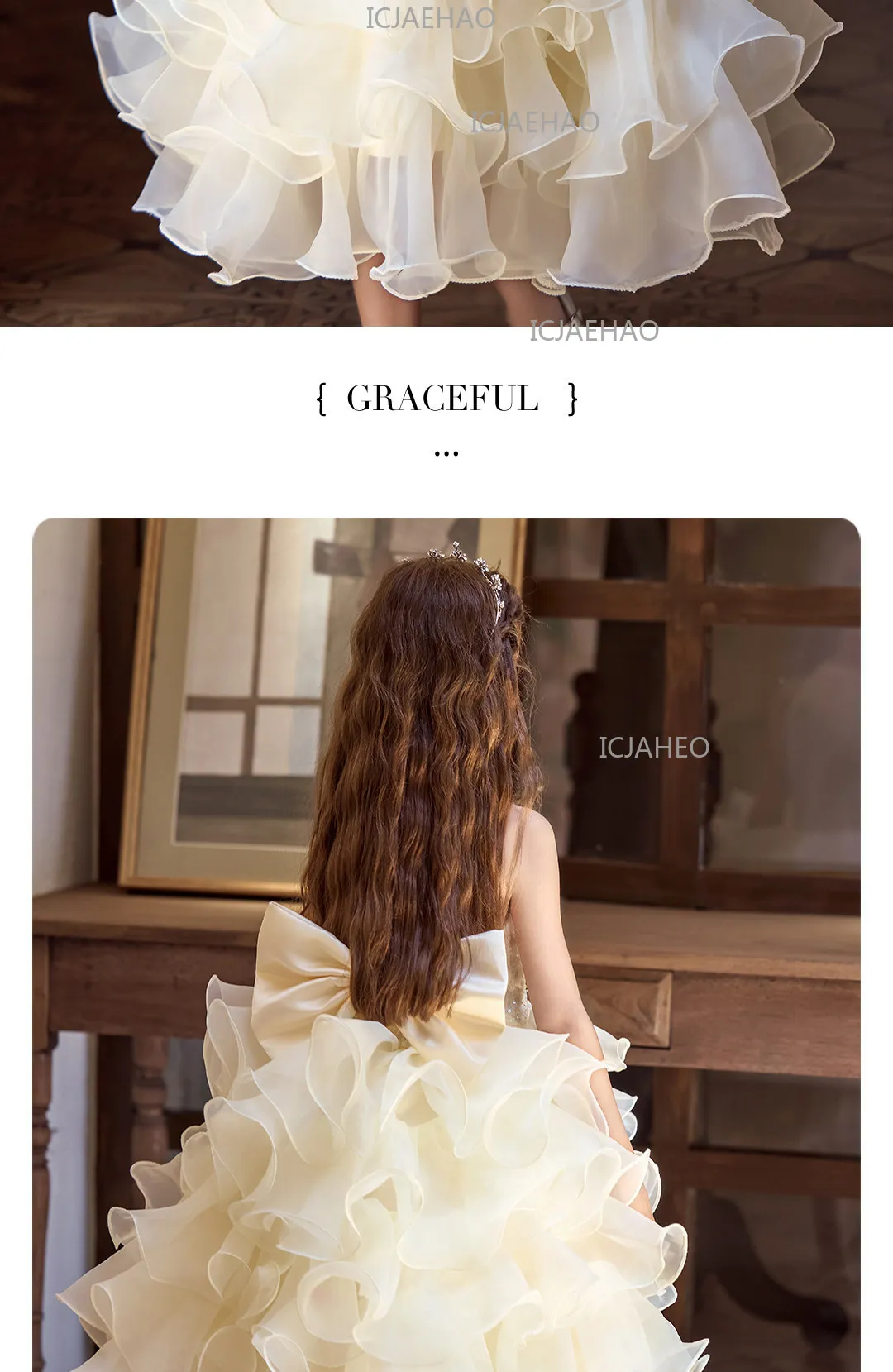 Children Girls Sleeveless Formal Fashion Birthday Party Flower Girl Princess Tutu Champagne Kids Host Piano Performance Costume