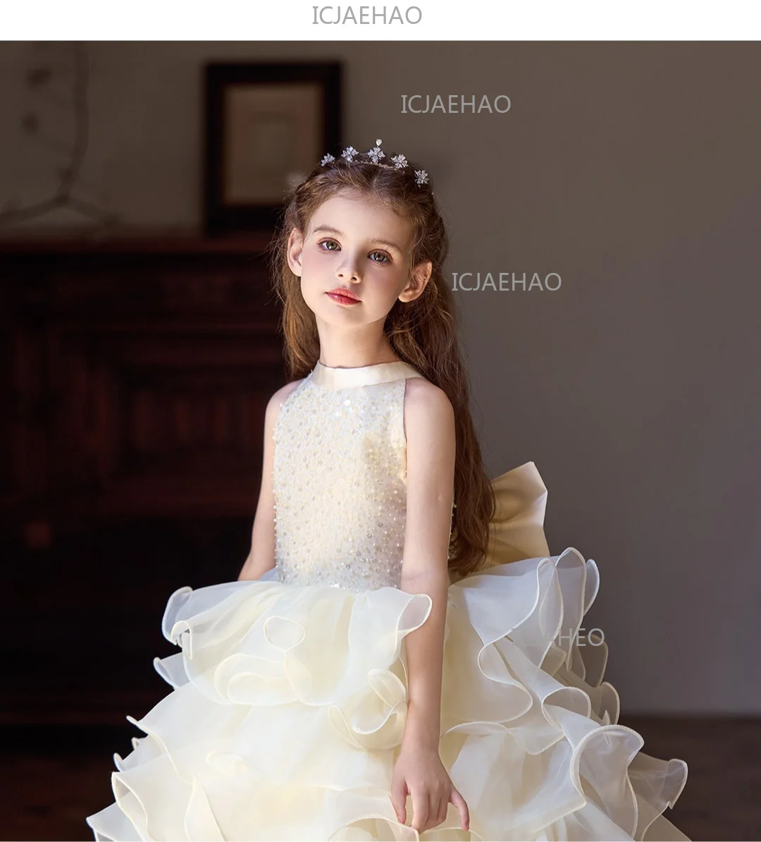Children Girls Sleeveless Formal Fashion Birthday Party Flower Girl Princess Tutu Champagne Kids Host Piano Performance Costume