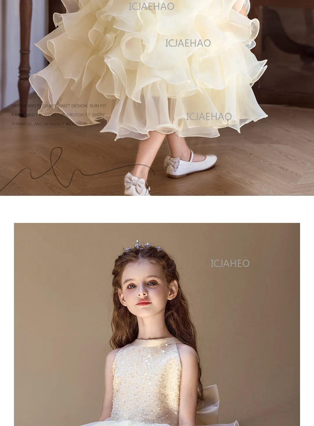 Children Girls Sleeveless Formal Fashion Birthday Party Flower Girl Princess Tutu Champagne Kids Host Piano Performance Costume