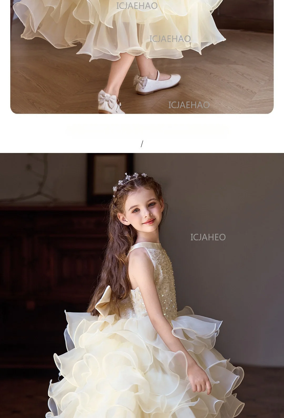 Children Girls Sleeveless Formal Fashion Birthday Party Flower Girl Princess Tutu Champagne Kids Host Piano Performance Costume