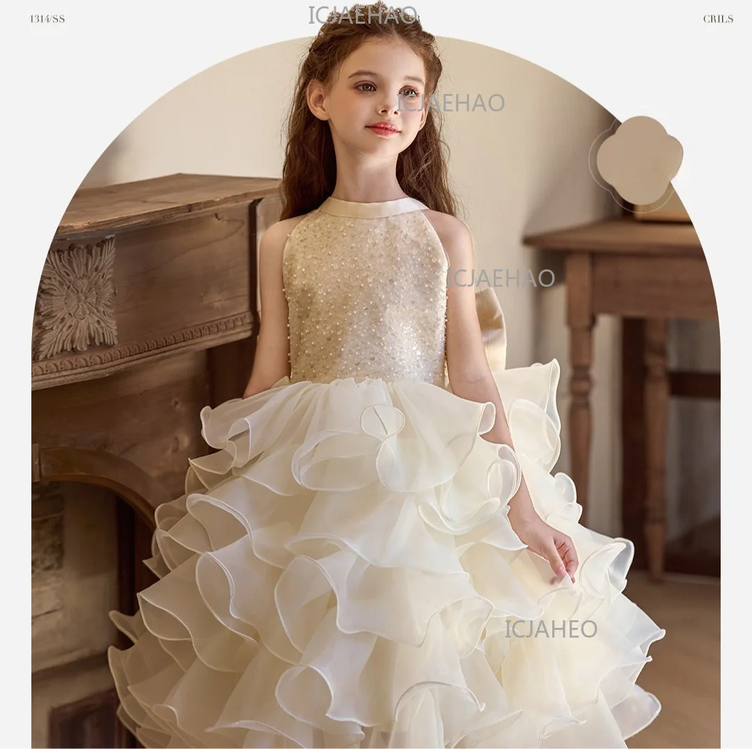 Children Girls Sleeveless Formal Fashion Birthday Party Flower Girl Princess Tutu Champagne Kids Host Piano Performance Costume