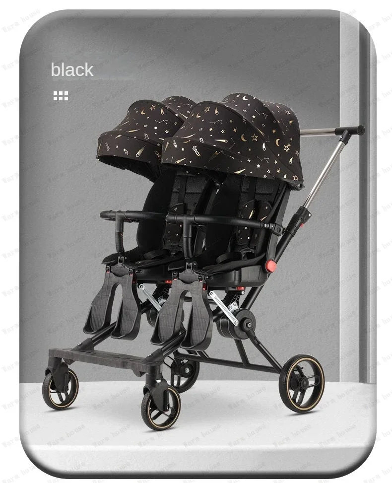 Portable Twin Stroller Double Seat Stroller Foldable Four-wheel Twin Stroller 360° Swivel Seat, Adjustable Backrest
