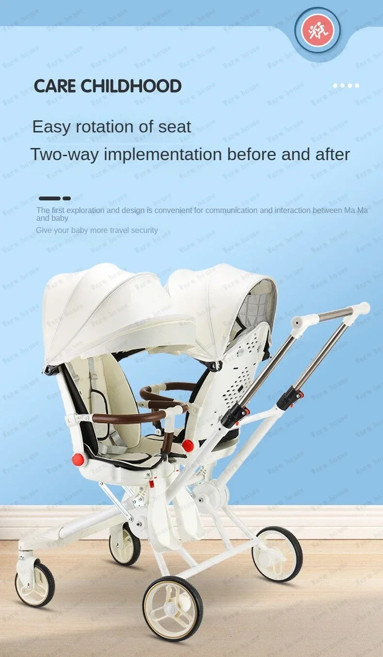 Portable Twin Stroller Double Seat Stroller Foldable Four-wheel Twin Stroller 360° Swivel Seat, Adjustable Backrest