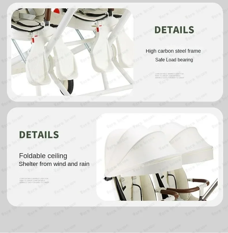 Portable Twin Stroller Double Seat Stroller Foldable Four-wheel Twin Stroller 360° Swivel Seat, Adjustable Backrest