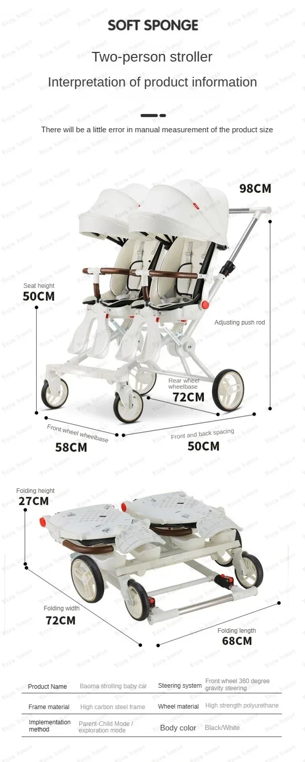 Portable Twin Stroller Double Seat Stroller Foldable Four-wheel Twin Stroller 360° Swivel Seat, Adjustable Backrest