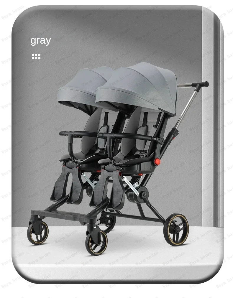 Portable Twin Stroller Double Seat Stroller Foldable Four-wheel Twin Stroller 360° Swivel Seat, Adjustable Backrest