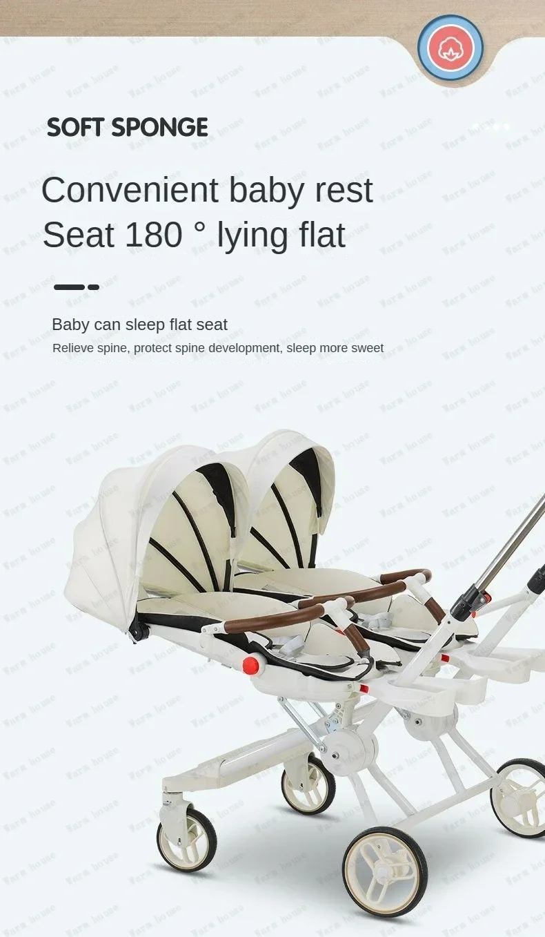 Portable Twin Stroller Double Seat Stroller Foldable Four-wheel Twin Stroller 360° Swivel Seat, Adjustable Backrest