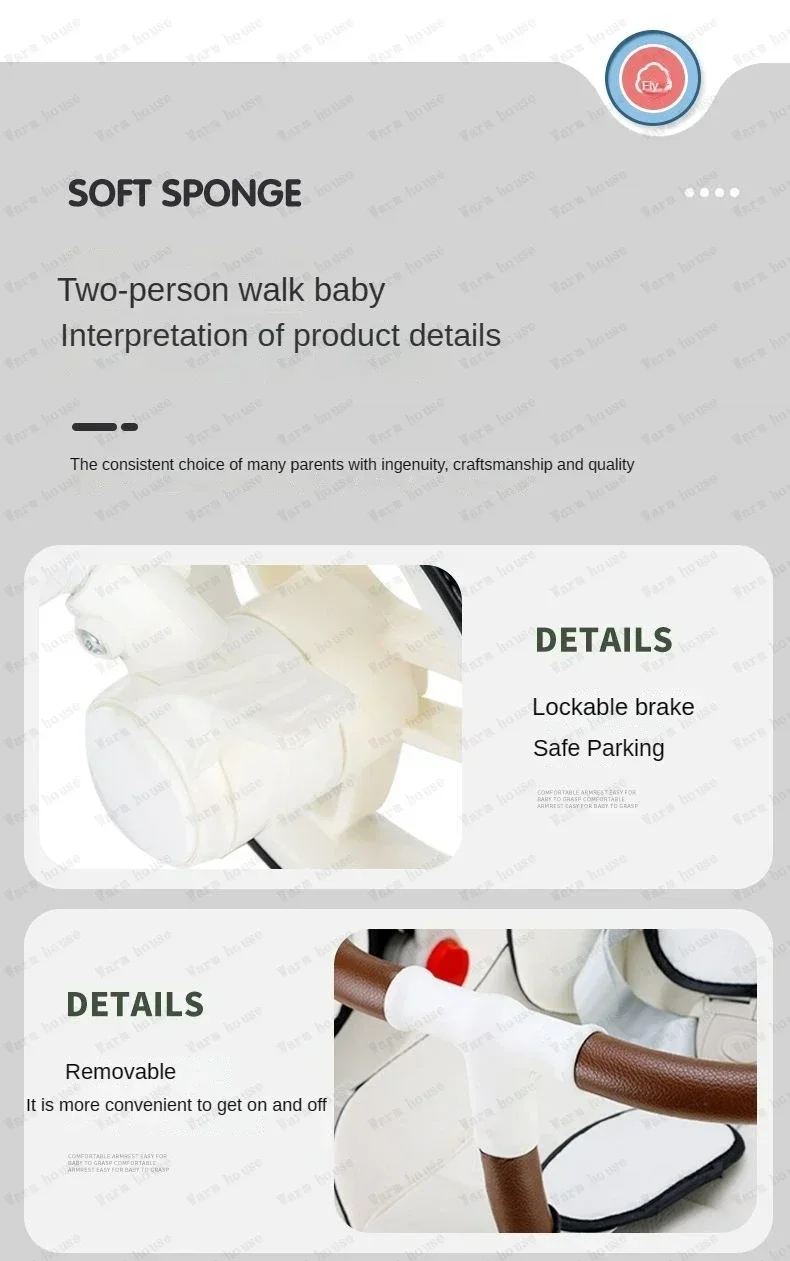 Portable Twin Stroller Double Seat Stroller Foldable Four-wheel Twin Stroller 360° Swivel Seat, Adjustable Backrest