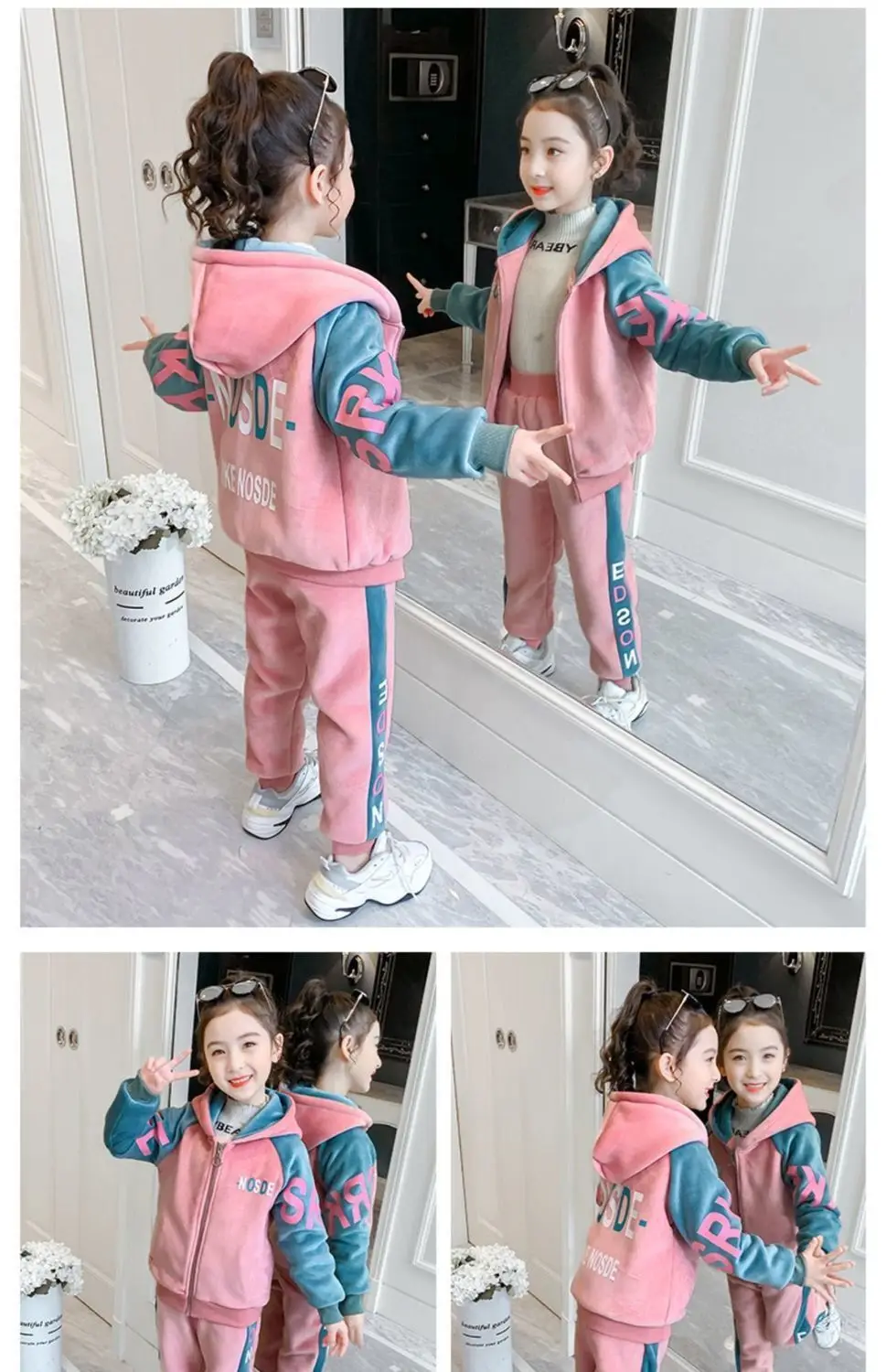 New Winter Keep Warm Girls Clothing Set Padded Lining With Plush Velent Hooded Jacket+Pants 2pcs Suit For 3-12 Years Kids