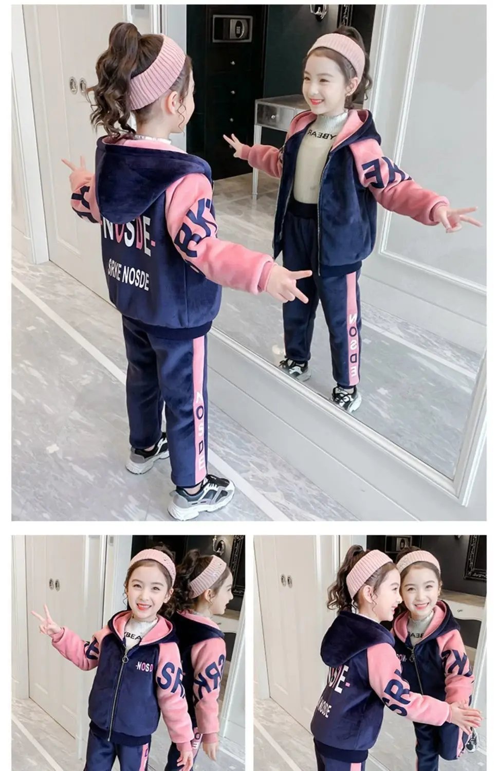 New Winter Keep Warm Girls Clothing Set Padded Lining With Plush Velent Hooded Jacket+Pants 2pcs Suit For 3-12 Years Kids