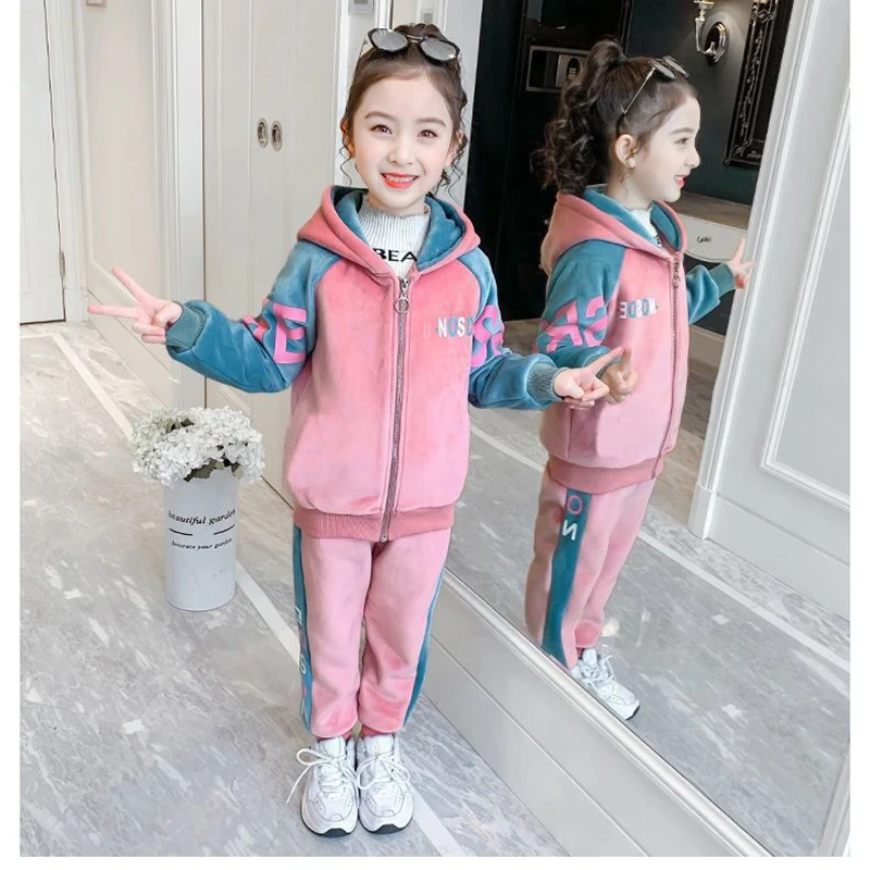 New Winter Keep Warm Girls Clothing Set Padded Lining With Plush Velent Hooded Jacket+Pants 2pcs Suit For 3-12 Years Kids