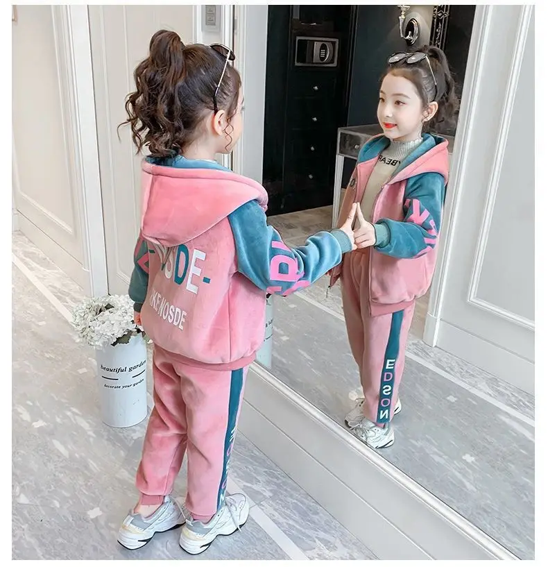 New Winter Keep Warm Girls Clothing Set Padded Lining With Plush Velent Hooded Jacket+Pants 2pcs Suit For 3-12 Years Kids