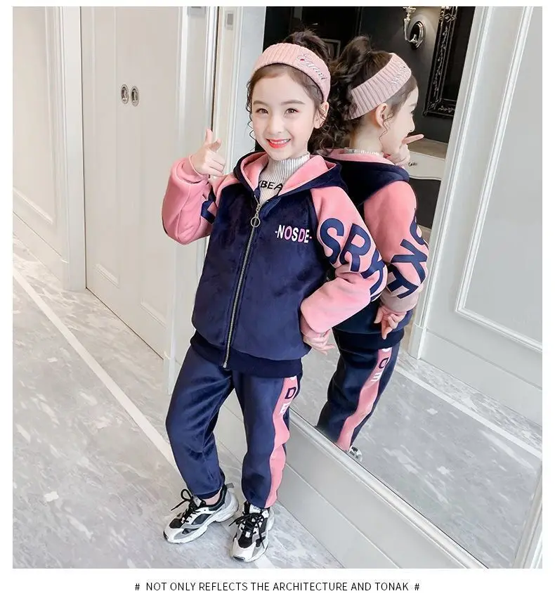 New Winter Keep Warm Girls Clothing Set Padded Lining With Plush Velent Hooded Jacket+Pants 2pcs Suit For 3-12 Years Kids