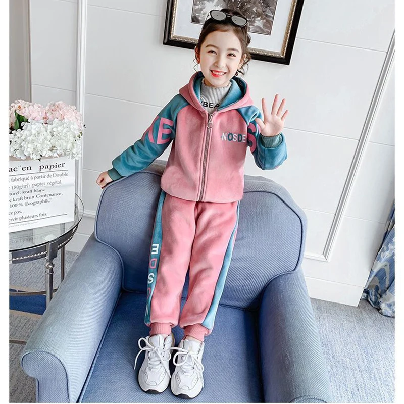 New Winter Keep Warm Girls Clothing Set Padded Lining With Plush Velent Hooded Jacket+Pants 2pcs Suit For 3-12 Years Kids