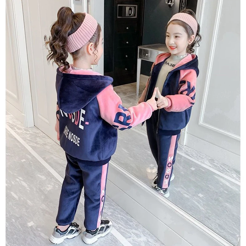 New Winter Keep Warm Girls Clothing Set Padded Lining With Plush Velent Hooded Jacket+Pants 2pcs Suit For 3-12 Years Kids