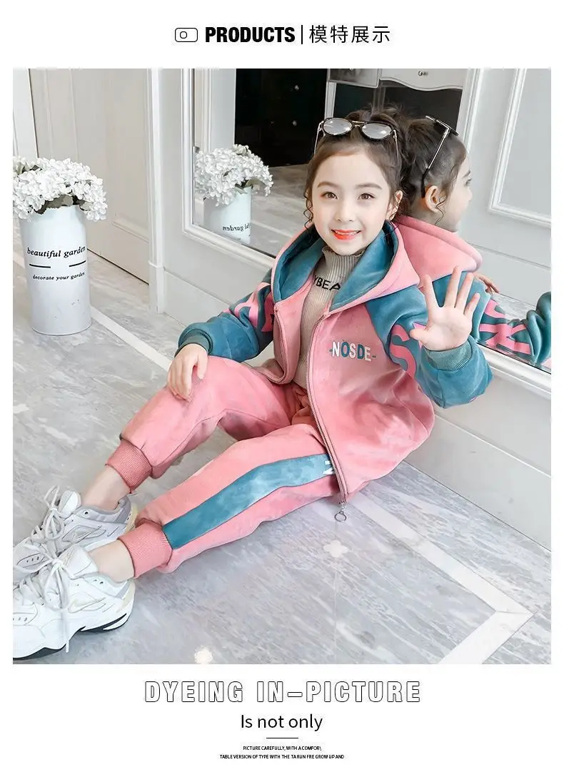 New Winter Keep Warm Girls Clothing Set Padded Lining With Plush Velent Hooded Jacket+Pants 2pcs Suit For 3-12 Years Kids