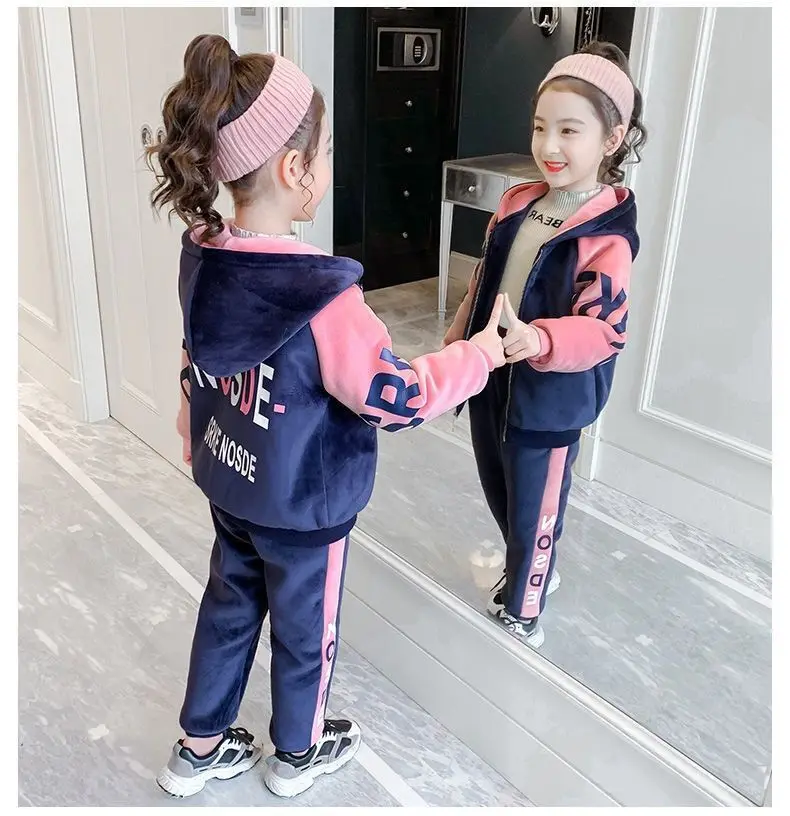 New Winter Keep Warm Girls Clothing Set Padded Lining With Plush Velent Hooded Jacket+Pants 2pcs Suit For 3-12 Years Kids