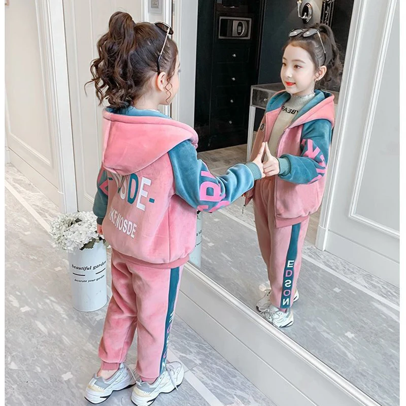 New Winter Keep Warm Girls Clothing Set Padded Lining With Plush Velent Hooded Jacket+Pants 2pcs Suit For 3-12 Years Kids