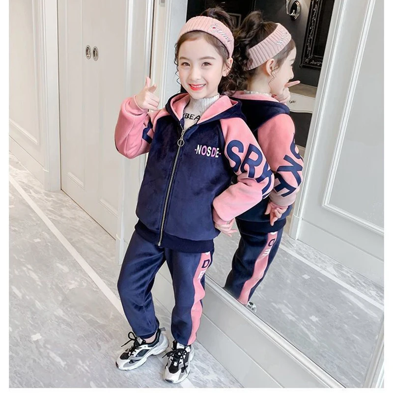 New Winter Keep Warm Girls Clothing Set Padded Lining With Plush Velent Hooded Jacket+Pants 2pcs Suit For 3-12 Years Kids