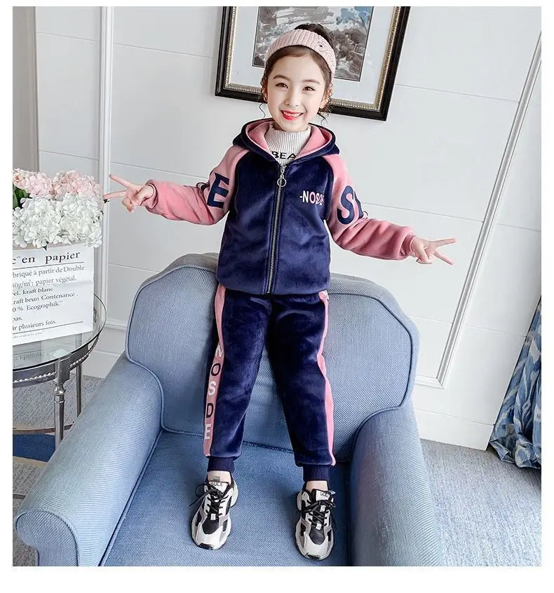 New Winter Keep Warm Girls Clothing Set Padded Lining With Plush Velent Hooded Jacket+Pants 2pcs Suit For 3-12 Years Kids