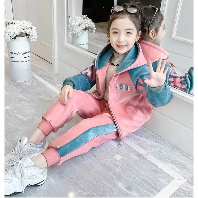 New Winter Keep Warm Girls Clothing Set Padded Lining With Plush Velent Hooded Jacket+Pants 2pcs Suit For 3-12 Years Kids