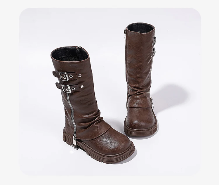 Spring Autumn New Kids Fashion High Boots Classic Black Brown Girls School Causal Leather Boots Catwalk Children Platform Boots