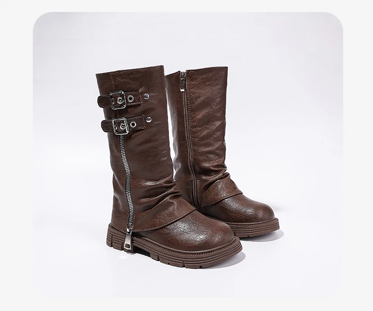 Spring Autumn New Kids Fashion High Boots Classic Black Brown Girls School Causal Leather Boots Catwalk Children Platform Boots